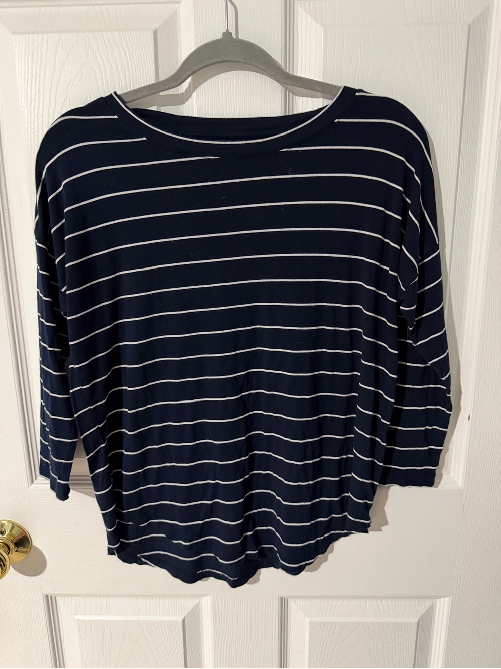 LOFT Navy and White Striped Long Sleeve Boatneck Top